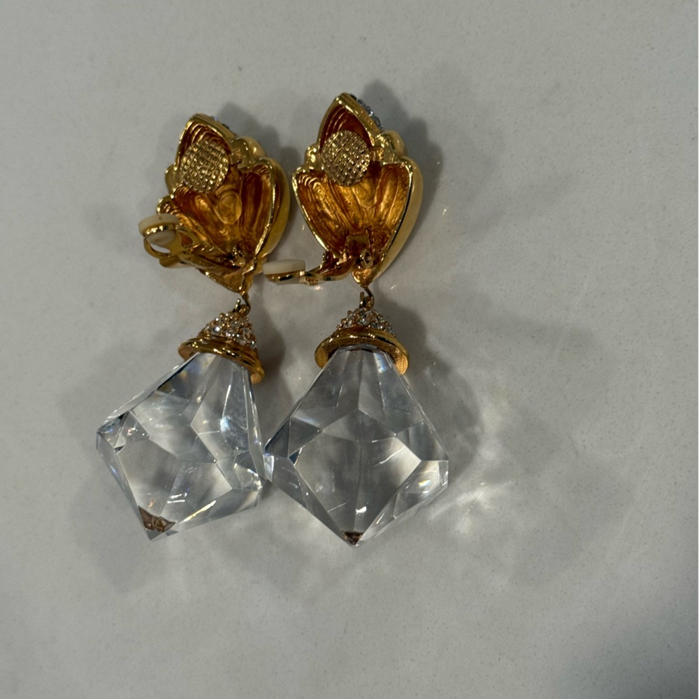 St. John Clip on Elegant Gold and Silver Crystal Drop Earrings - Picture 7 of 7